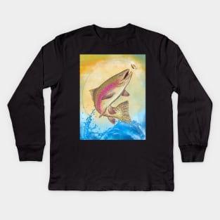End Of The Line // Rainbow Trout Jumping Out Of Splashing Water // With Lure at Sunset // Fish On! Kids Long Sleeve T-Shirt